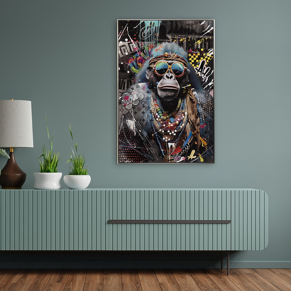 Schilderij hippie chimpansee met lijst 80x120