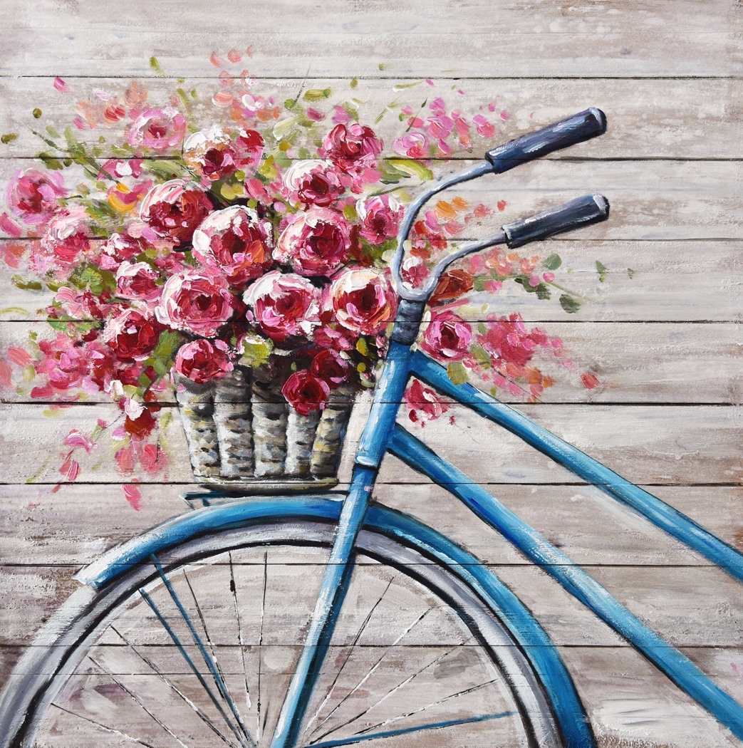 dump koppeling Opera Schilderij fiets met bloemen op hout 74x74 atm694 - Schilderijenshop