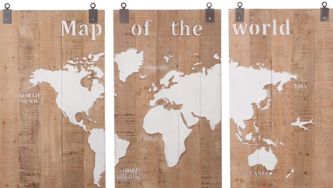 Wereldkaart drieluik op hout totaal 120x210 - Schilderijenshop