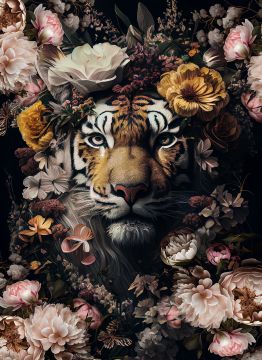 Tiger with flowers op glas 50x70