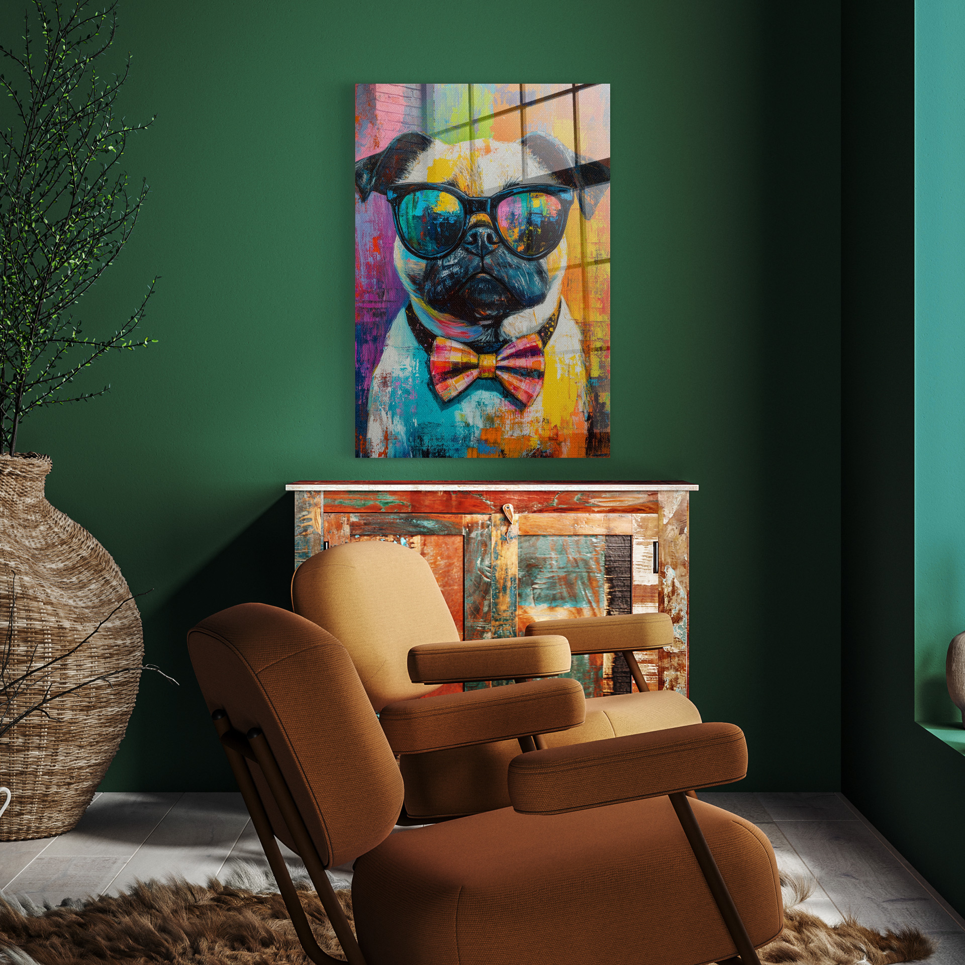 Pop art bull dog met bril op glas 50x70