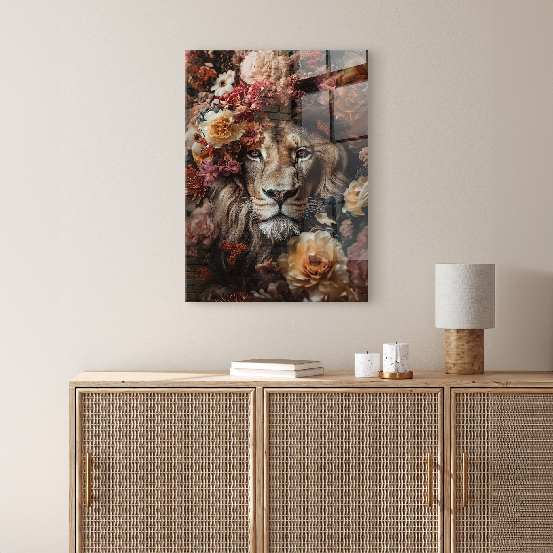 Lion with flowers op glas 50x70